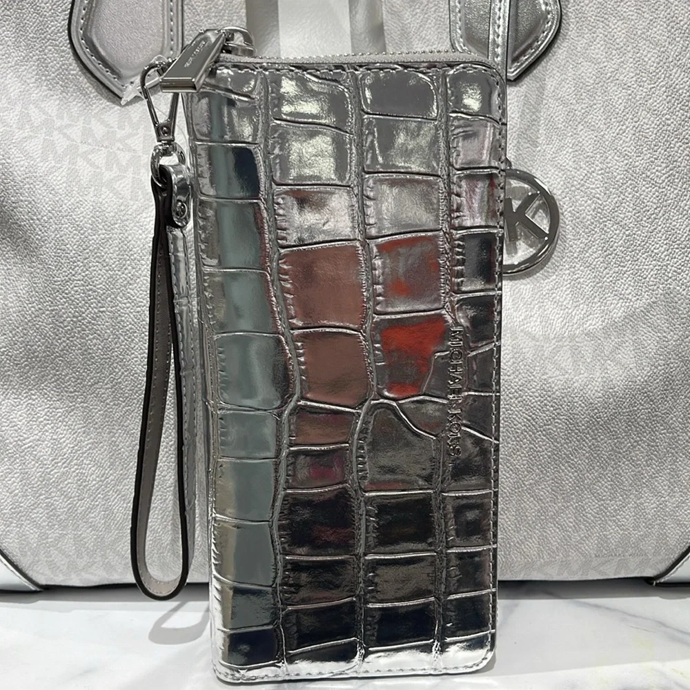 Michael Kors JST Metallic Crocodile Embossed Leather Continental Wallet NWT